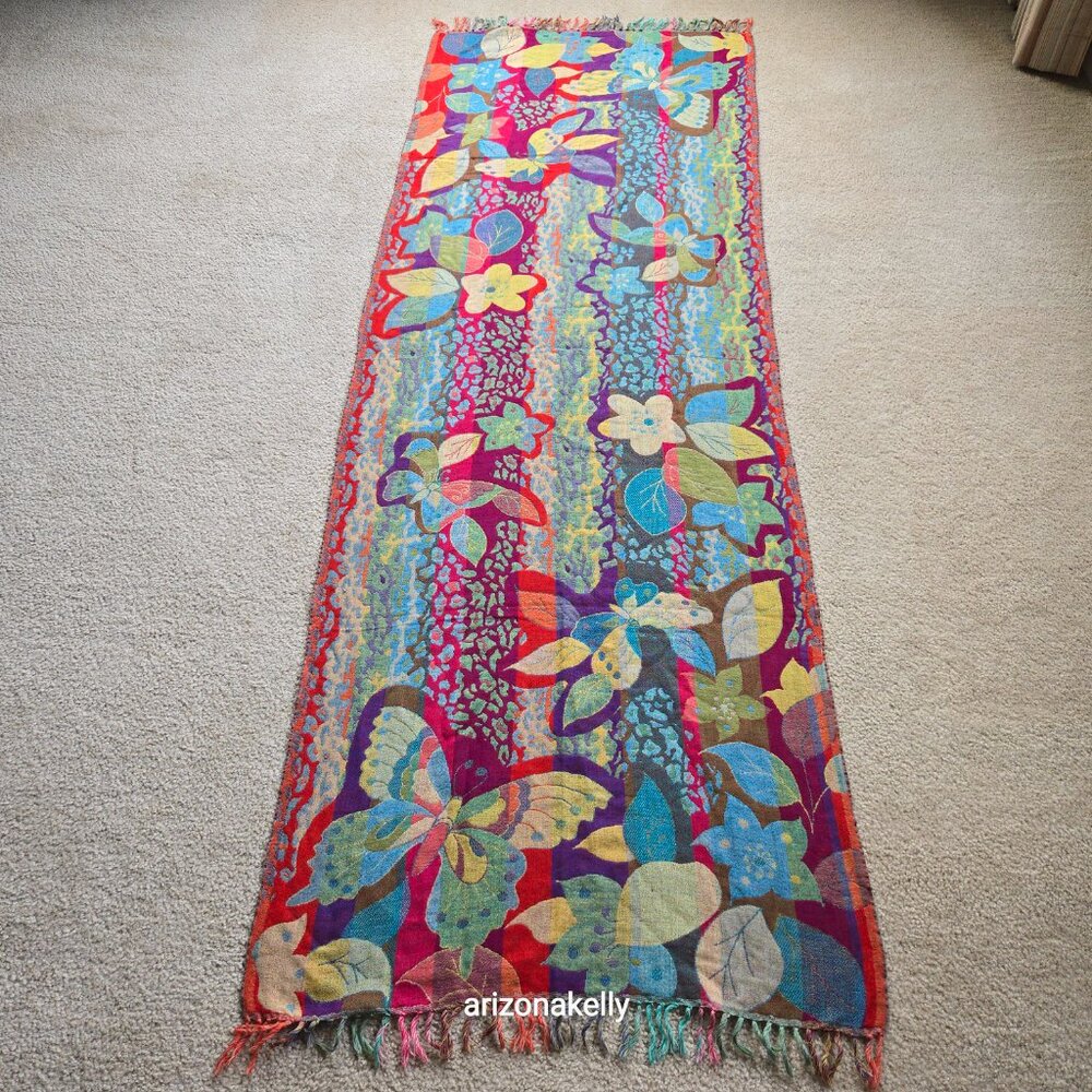 NWOT 100% Wool Woven Scarf Butterfly Flowers Colorful Vibrant - Picture 11 of 12